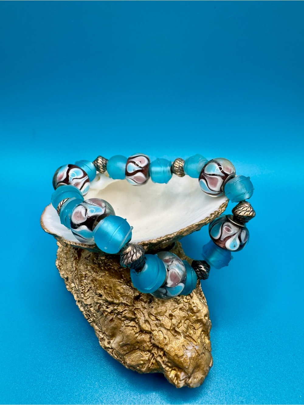 Turquoise Glass Bead Stretch Bracelet with Murano Style Beads